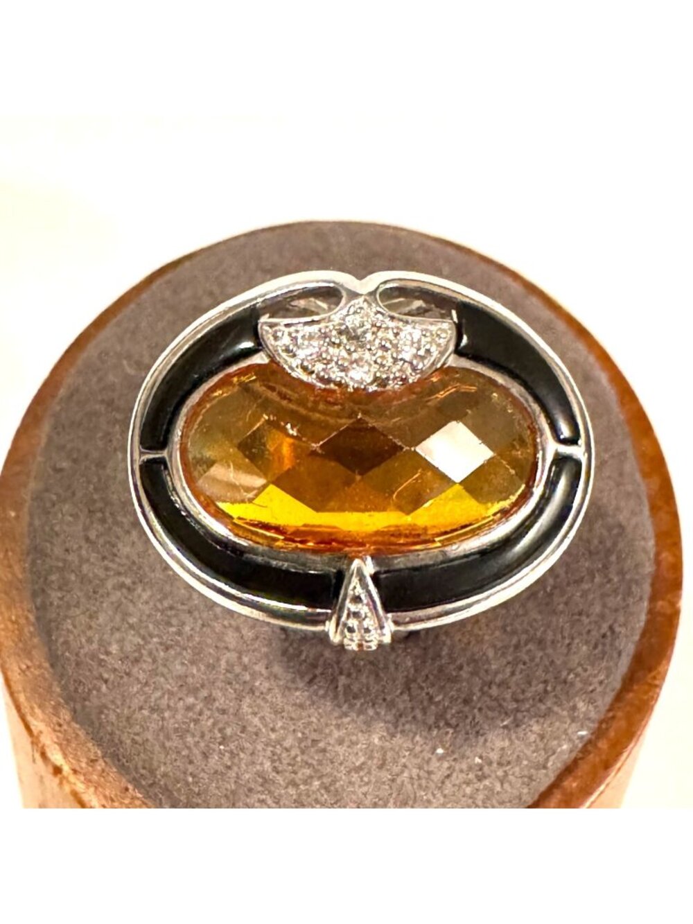 Sterling Silver 925 Citrine CZ Black Enamel Art Deco Design Ring Size 5.25